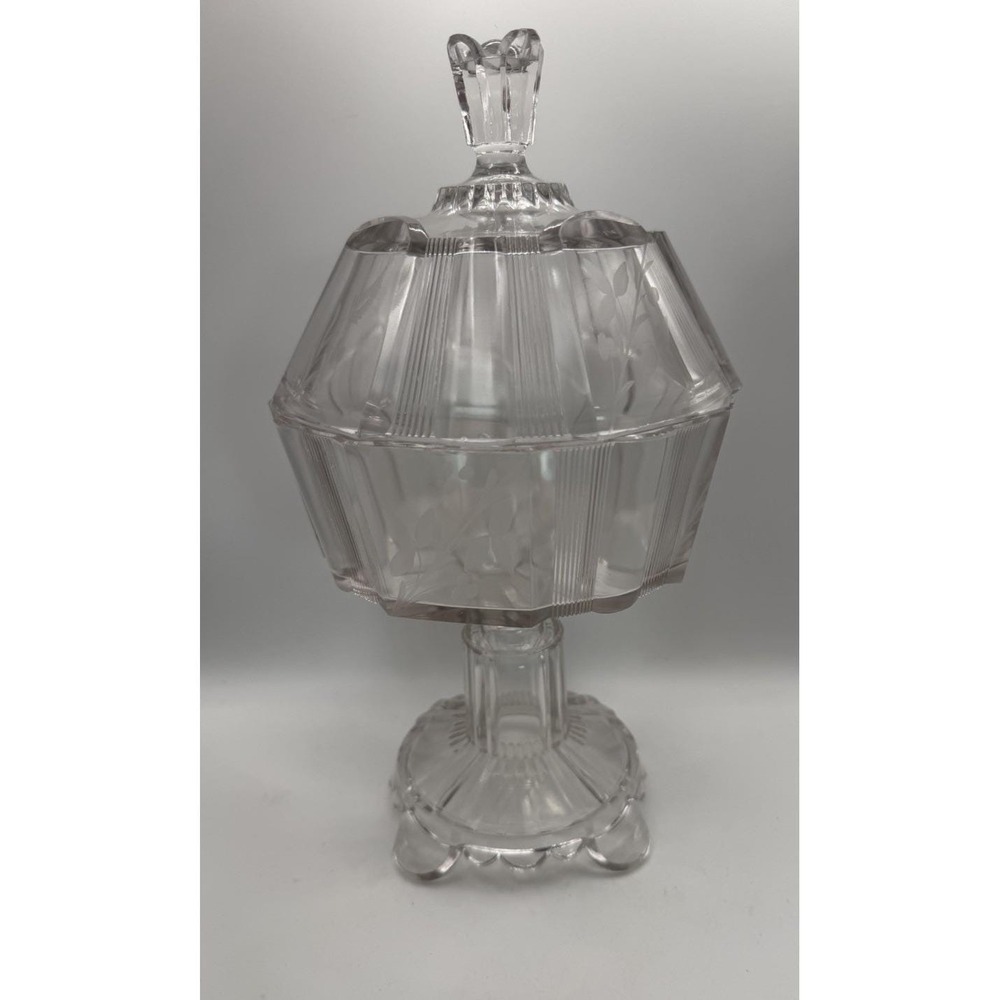 Antique EAPG Adams‎ & Co. Clear Ribbon #300 Covered Compote Floral Etched 1880s